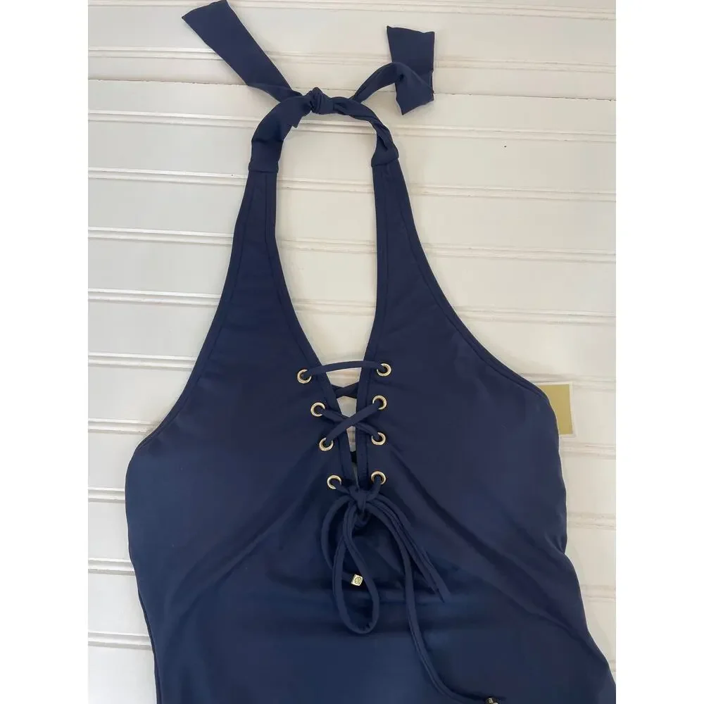 NWOT Michael Kors One Piece Bathing Suit Navy Blue Lace Up Halter Swimsuit Sz S